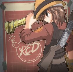  blueprint brown_eyes brown_hair cosplay goggles gold gun hangaku hardhat helmet highres mining_helmet misaka_imouto overalls reverse_grip serious short_hair shotgun solo team_fortress_2 the_engineer the_engineer_(cosplay) to_aru_kagaku_no_railgun to_aru_majutsu_no_index weapon wrench 