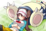  blush brown_hair claws closed_eyes double_bun eyes_closed fangs hat long_hair mei_(pokemon) midriff navel nishi_koutarou pantyhose paws pokemon pokemon_(game) pokemon_bw2 raglan_sleeves skirt sleeping snorlax twintails visor_cap 