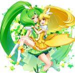  2girls :3 :d bike_shorts blonde_hair boots carrying choker cure_march cure_peace green_bike_shorts green_eyes green_hair kise_yayoi long_hair magical_girl midorikawa_nao multiple_girls open_mouth ponytail precure princess_carry shorts_under_skirt skirt smile smile_precure! star tiara very_long_hair yellow_bike_shorts yellow_eyes yuu_(derodero) 