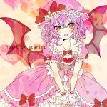  ascot bat_wings bow dress english frills hat hat_bow heart purple_hair red_eyes remilia_scarlet short_sleeves slit_pupils solo touhou vampire wings wrist_cuffs yutsumoe 