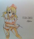  1girl blonde_hair breasts brown_eyes dated fairy_tail female hat heart large_breasts leaning_forward lucy_heartfilia mashima_hiro nurse nurse_cap official_art signature smile solo syringe tattoo traditional_media twintails 