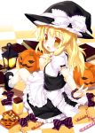  :d blonde_hair blush book bottle bow braid candy_cane checkered checkered_floor crescent dress hat hat_ribbon jack-o&#039;-lantern jack-o'-lantern kirisame_marisa lantern long_hair looking_at_viewer mary_janes meito_(maze) open_mouth pumpkin ribbon shoes single_braid sitting smile solo star sweets touhou trick_or_treat witch_hat yellow_eyes 