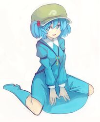  blue_eyes blue_hair dress full_body gatakigi_gama hair_bobbles hair_ornament hat kawashiro_nitori key open_mouth short_hair sitting smile solo touhou twintails wariza white_background 