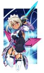  boots breasts candy_crown dark_skin energy_weapon garter_straps grey_hair hair_between_eyes hair_ornament hairclip headdress jumping large_breasts leotard long_sleeves looking_at_viewer maid_headdress phantasy_star phantasy_star_online_2 polearm puffy_sleeves red_eyes shinozuka_atsuto smile solo thigh-highs thigh_boots thighhighs twintails weapon white_legwear 