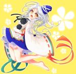  barefoot hat japanese_clothes kamome kariginu long_hair long_sleeves mononobe_no_futo open_mouth silver_hair solo tokin_hat touhou wide_sleeves yellow_eyes 