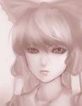  bangs bow expressionless eyelashes face hair_bow hair_tubes hakurei_reimu lips monochrome purple solo tianlluo touhou 