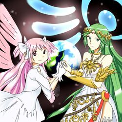  2girls crossover goddess goddess_madoka hand_holding hisakawa_aya hobunsha holding_hands kaname_madoka kid_icarus looking_at_viewer mahou_shoujo_madoka_magica multiple_girls nintendo nintendo_ead palutena palutena_no_kagami shaft shaft_(studio) sig_(artist) sora_(company) super_smash_bros. trait_connection ultimate_madoka yuuki_aoi 