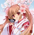  :d absurdres bird bird_on_hand brown_hair carnelian cherry_blossoms copyright_request finch flower flower_on_head hair_flower hair_ornament highres japanese_clothes java_sparrow miko open_mouth red_eyes smile twintails 