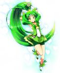  arms_up bike_shorts bowtie brooch choker cure_march dress green green_dress green_eyes green_hair jewelry long_hair magical_girl midorikawa_nao ponytail precure shoes shorts_under_skirt skirt smile smile_precure! solo tri_tails yuu_(1197159) 