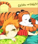  1boy anger_vein animal_ears bed blonde_hair brown_eyes calvin calvin_&amp;_hobbes closed_eyes hobbes loveariddle lying pillow pout shirt short_hair shorts spiky_hair striped striped_shirt tail tiger tiger_ears tiger_tail 