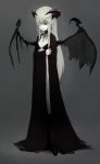  bat_wings blue_eyes cape demon_girl earrings grey_background highres horns jewelry long_hair necklace original pointy_ears simple_background solo toi_(number8) white_hair wings wink 