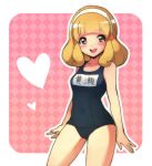  blonde_hair blush hairband heart kise_yayoi looking_at_viewer one-piece_swimsuit open_mouth precure school_swimsuit short_hair smile smile_precure! solo swimsuit yellow_eyes zagu_(grape_garden) 