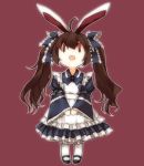  1girl ahoge alternate_hairstyle animal_ears apron brown_hair bunny_ears chibi frills long_hair long_sleeves open_mouth puffy_sleeves rabbit_ears red_eyes shiren_(monochrome_structure) solo standing star_sapphire touhou twintails v_arms wide_sleeves |_| 