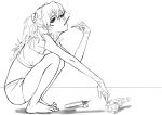  absurdres blonde_hair eva_02 feet helmet highres lamchun_(2006) lineart lips metaphor monochrome neon_genesis_evangelion pocky rebuild_of_evangelion shikinami_asuka_langley solo soryu_asuka_langley souryuu_asuka_langley squatting tubetop twintails 