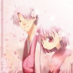  1boy 1girl ahoge cherry_blossoms child fate/zero fate_(series) flower hair_flower hair_ornament japanese_clothes kimono kimura_shiki matou_kariya matou_sakura purple_eyes purple_hair red_eyes violet_eyes young 