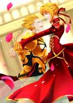  1girl armor blonde_hair earrings fate/extra fate/stay_night fate_(series) gilgamesh green_eyes highres jewelry komathi red_eyes saber_extra short_hair 