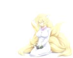  animal_ears blonde_hair breasts cat chen chen_(cat) closed_eyes eyes_closed fox_ears fox_tail hat highres large_breasts long_sleeves multiple_girls multiple_tails short_hair smile tail touhou white_background yakumo_ran yuuki_(yukigeshou_hyouka) 