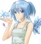  blue_eyes blue_hair cirno kyougoku_touya looking_at_viewer no_hair_bow simple_background snowflakes solo touhou white_background 