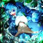  backpack bag blue_hair bubble giorgio_claes hair_bobbles hair_ornament hat highres kawashiro_nitori long_sleeves open_mouth outstretched_arms short_hair solo touhou twintails 