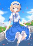  alice_margatroid alice_margatroid_(pc-98) blonde_hair bloomers blue_eyes blush bow flower hair_bow hair_ornament hair_ribbon hairband nanatuki13 petals ribbon rose short_hair sitting skirt smile solo suspenders touhou touhou_(pc-98) water 