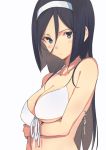  bikini bikini_top black_hair blue_eyes blush_stickers breast_hold breasts bust cleavage front-tie_top hair_between_eyes hairband hyouka irisu_fuyumi large_breasts long_hair looking_at_viewer shiny shiny_skin shirabi_(life-is-free) simple_background solo swimsuit under_boob underboob underboss white_background 