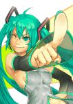  and aqua_eyes aqua_hair fingers foreshortening hatsune_miku headset long_hair polka_dot smile solo very_long_hair vocaloid wink 