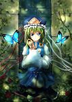  absurdres blue_eyes butterfly crossed_arms flower green_hair hat highres insect long_sleeves puffy_sleeves rod_of_remorse rose shikieiki_yamaxanadu short_hair solo touhou wide_sleeves zen_(weishanzhe) 