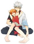  1boy 1girl barefoot bun_cover chinese_clothes double_bun feet gintama japanese_clothes kagura_(gintama) orange_hair reading sakata_gintoki silver_hair sitting sitting_in_lap sitting_on_lap sitting_on_person squip toes white_hair 