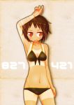  bare_shoulders bikini blush brown_eyes brown_hair highres ico_(green_bullet) open_mouth original short_hair solo sweat swim swimsuit tan tanline 