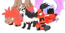  1boy 6325-inu6325 camerupt cape golbat highres homura_(pokemon) mightyena pokemon pokemon_(creature) pokemon_(game) pokemon_rse red_eyes simple_background sitting smile team_magma uniform 