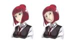  bangs blunt_bangs ecce_homo green_eyes parody red_hair redhead saki school_uniform short_hair simple_background solo toritori usuzawa_sae white_background 