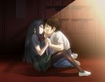  1girl accel_world antenna_hair arita_haruyuki black_hair brown_hair kiss kuroyukihime long_hair pantyhose platin_(alios) red_eyes school_uniform 