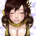  blush breasts brown_hair cleavage closed_eyes eyes_closed incipient_kiss incoming_kiss large_breasts lips nene nene_(sengoku_musou) nix_(ak-style) nixdirushi pov sengoku_musou short_hair smile solo 