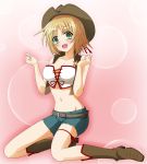  :d belt blonde_hair blush breasts buckle bustier cleavage cowboy_hat cutoffs denim denim_shorts fringe front-tie_top gekidoukag_(danmaku) green_eyes hat highres kneeling kore_wa_zombie_desu_ka? large_breasts navel open_mouth ribbon short_hair shorts smile solo star vest yoshida_yuki 