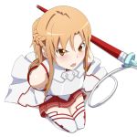  angry arms_behind_back asuna_(sao) bare_shoulders blush breastplate brown_eyes brown_hair detached_sleeves kneeling long_hair looking_up open_mouth ribonzu skirt solo sword sword_art_online thigh-highs thighhighs tied_up weapon white_legwear 