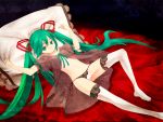  green_eyes green_hair hatsune_miku highres lace lace-trimmed_thighhighs long_hair lying pillow solo thigh-highs thighhighs twintails very_long_hair vocaloid 