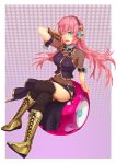  ;d and arm_support black_legwear blue_eyes blush boots crossed_legs headphones knee_boots legs_crossed long_hair looking_at_viewer megurine_luka navel open_mouth pink_hair polka_dot polka_dot_background sitting smile solo thigh-highs thighhighs vocaloid wink 