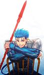  blue_hair chair earrings fang fate/stay_night fate_(series) gae_bolg grin highres iduki_daku jewelry lancer long_hair pauldrons polearm ponytail red_eyes smile solo spear weapon 