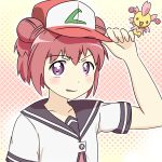  akaza_akari cherrim crossover double_bun hat pokemon satoshi_(pokemon) school_uniform serafuku short_hair sig_(artist) skirt yuru_yuri 