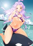 1girl bikini breasts highres large_breasts long_hair orca original purple_eyes purple_hair riding solo sun swimsuit topknot violet_eyes wet whale yusato 