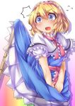  1girl alice_margatroid black_legwear blonde_hair blue_eyes blush capelet dress dress_lift flying_sweatdrops fun_bo hairband no_nose open_mouth pantyhose solo touhou 