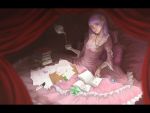  book bracelet breasts cleavage cmy crescent cup dress earrings feathers floating_object highres jewelry letterboxed lips looking_at_viewer open_book paper patchouli_knowledge pendant pouring purple_eyes purple_hair ring scroll solo teacup teapot touhou violet_eyes 