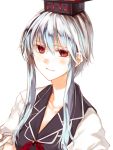  1girl alternate_hair_length alternate_hairstyle collarbone hat kamishirasawa_keine payot puffy_sleeves red_eyes shiren_(monochrome_structure) short_hair short_sleeves silver_hair smile solo touhou white_background 