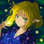  1girl alternate_costume blonde_hair collarbone face green_eyes mizuhashi_parsee pointy_ears ponytail smile solo touhou 