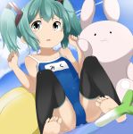  aqua_eyes aqua_hair bad_id barefoot child feet hatsune_miku looking_at_viewer name_tag one-piece_swimsuit school_swimsuit short_hair short_twintails sitting soles solo stuffed_animal stuffed_toy swimsuit tamakorogashi tears thighhighs toeless_legwear toeless_socks toes twintails vocaloid water 