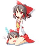  ascot bare_shoulders between_legs bow brown_hair detached_sleeves hair_bow hair_tubes hakurei_reimu highres noumin open_mouth popsicle red_eyes sitting solo sweat touhou translated translation_request yukkuri_shiteitte_ne 