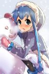  black_legwear blue_eyes blue_hair blush crab_stick hood ikamusume long_hair magister_(bigbakunyuu) mittens naruto_(food) pantyhose shinryaku!_ikamusume shrimp snow snowman solo tentacle_hair winter_clothes 