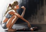  blonde_hair blue_eyes eva_02 feet helmet lamchun_(2006) lips metaphor neon_genesis_evangelion pocky rebuild_of_evangelion shikinami_asuka_langley soryu_asuka_langley souryuu_asuka_langley squatting toenails toes tubetop twintails 