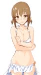  blush bow bra breast_hold breasts brown_eyes brown_hair character_request clearite cleavage collarbone covering covering_breasts hagiwara_yukiho idolmaster jewelry navel necklace solo sweatdrop tears totoki_airi underwear white_background white_bra 