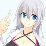  1girl blue_background blue_eyes breasts cleavage collarbone fingernails highres large_breasts long_hair looking_at_viewer ore_twintail_ni_narimasu silver_hair simple_background solo twoearle very_long_hair 